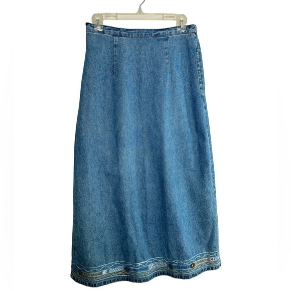 Vintage Dresses & Skirts - VTG Denim Maxi Skirt Small Elastic Waist Embroidered Y2K Modest Cottagecore 90's
